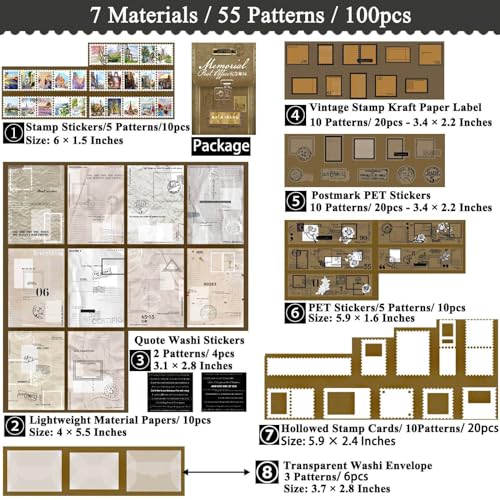Vilikya 100pcs Postal Junk Journal Supplies, Vintage Postage Stamp Stickers for Scrapbook Kit, Decoupage Paper Quote Stickers for Collage Ephemera, Hollow Frames for Scrapbooking
