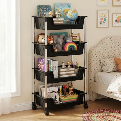 Image of JD FRESH 4-Tier Multi Storage Rack for Home & Kitchen /360-Degree Rotating Wheels with Breathable Kitchen Shelf Storage Rack /Plastic Rolling Cart for Kitchen, Bathroom, Office & Living Room (Black)