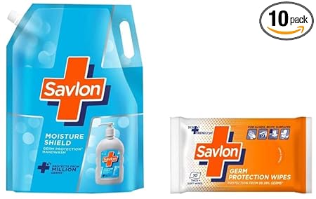 Savlon Moisture Shield Germ Protection Liquid Handwash Refill Pouch, 1500ml & Germ Protection Wipes 10 Nos Pack