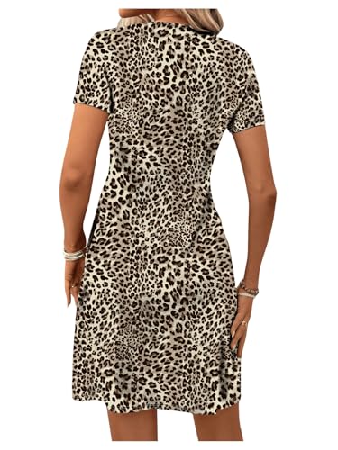 SOLY HUX Damen Kurz Kleid A Linie Freizeitkleid Leoparden Shortkleid Elegant Kurzarm Sommerkleid Partykleid Casualkleid mit V-Ausschnitt Khaki M