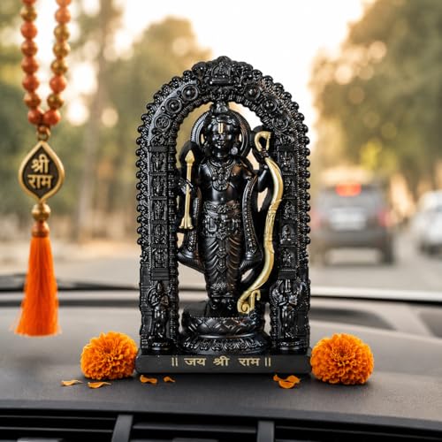 Image of Jai Shri Ram Idol Black Resin Statue with Gold Accents, Decorative Figurine for Home Temple, Car Dashboard, Office Desk and Spiritual Decor, Compact 3 x 2 Inch Religious Showpiece