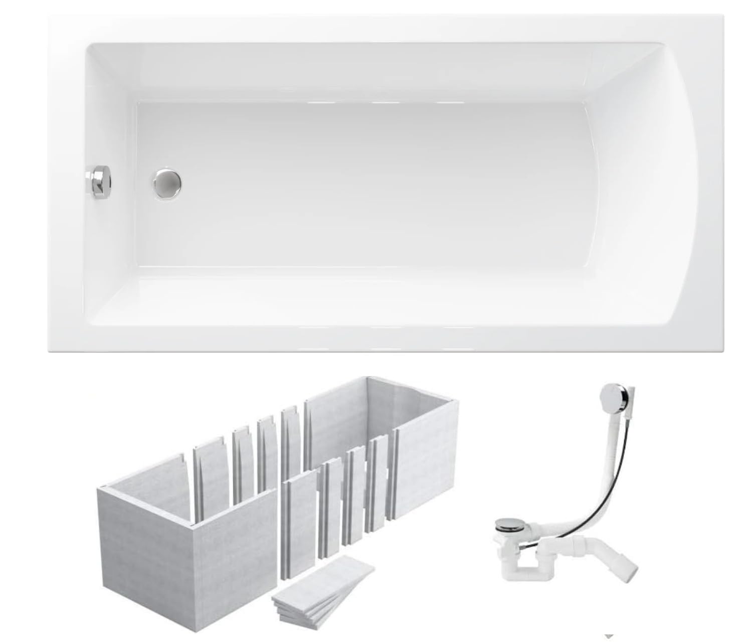 VBChome Badewanne 170x75 cm Weiß Acryl Schürze Wannenträger Styroporträger Siphon Rechteckig Wanne Abfluss Design Modern Ablaufgarnitur in Chrom Badewanne mit Wannenträger