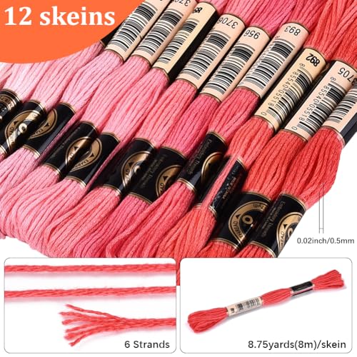 Image of 12 Skeins 105 Yards 6 Strands Pink Embroidery Floss Cord Friendship Bracelet String Threads Variegated Gradient Bulk Cross Stitch Thread Yarn Set for Sewing Making Knitting Craft DIY Supply