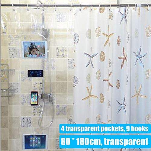 Durchsichtige Duschvorhanghülle mit 4 Taschen, für Ihr Telefon, Tablett oder Babyphone - Wasserdichter Badvorhang, 80 x 180 cm