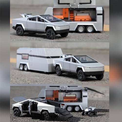 Image of 1 /32 Tesla Cybertruck Toy Pickup Trailer RV Model Kit with Beach Motorcycle for Kids (Silver)