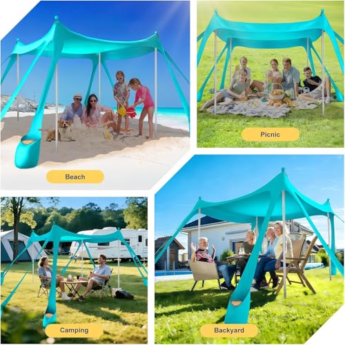 Toldo de playa turquesa UPF 50+ de tres metros con sistema de anclaje multiple de alta estabilidad 6