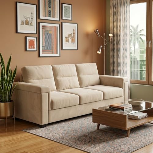 Image of FURNY Parker 3 Seater Fabric Sofa Set with Velvet Finish | Durable Comfort | Ideal for Living Room | Modern Design (Cream)