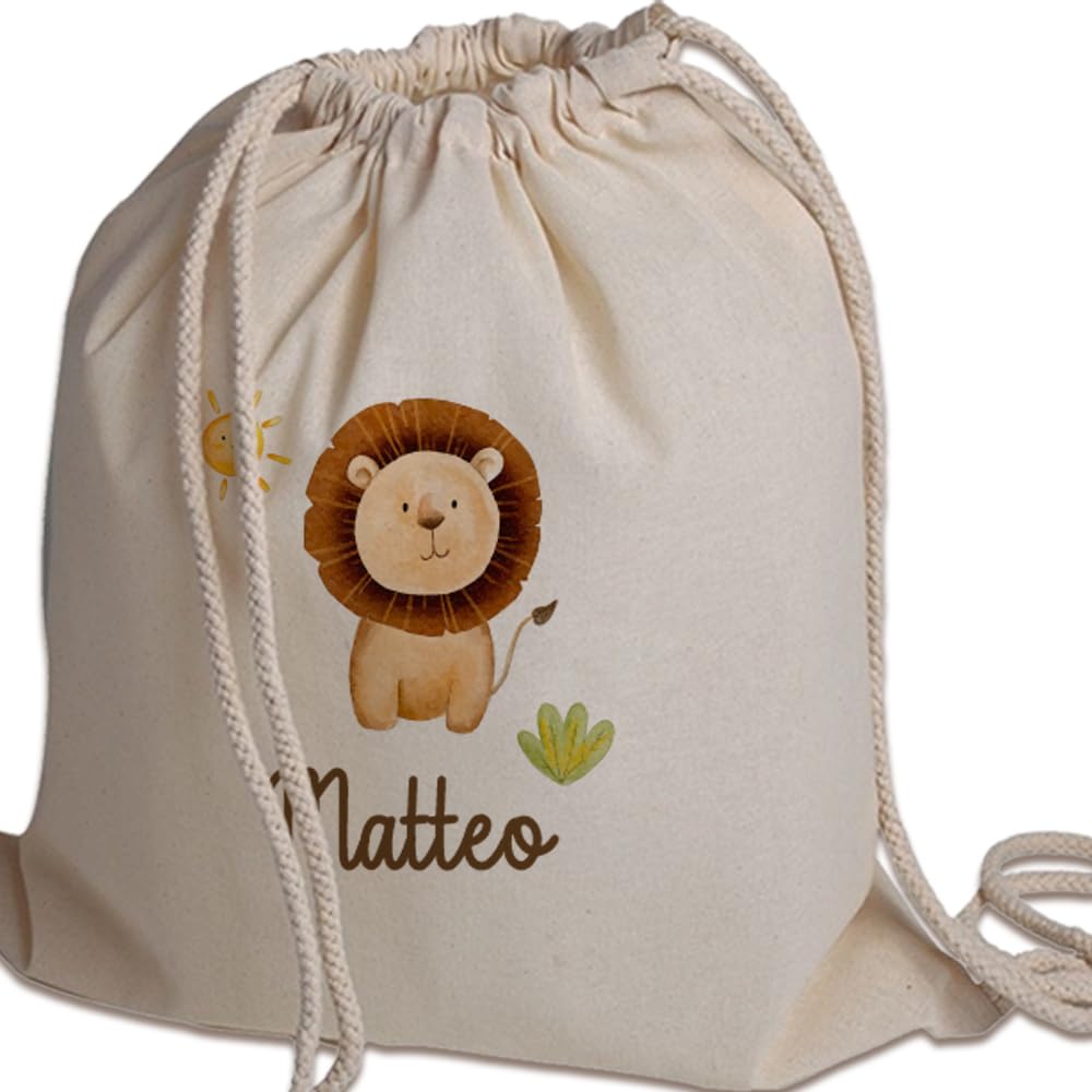 Sacchetto Porta Corredino Bebè Zaino A Sacca In Cotone 130gr Personalizzato con Nome e Animali Foresta Leone Idea Regalo