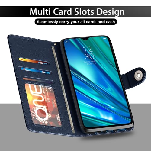 Image of Pikkme Flip Cover Leather Finish | Inside TPU with Card Pockets | Wallet Stand and Shock Proof | Complete Protection Button Flip Case for Realme 5 Pro (Blue)