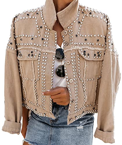 SOMTHRON Women's Cropped Rivet Studded Denim Jean Jacket Distressed Lapel Long Sleeve Rivet Trucker Coat