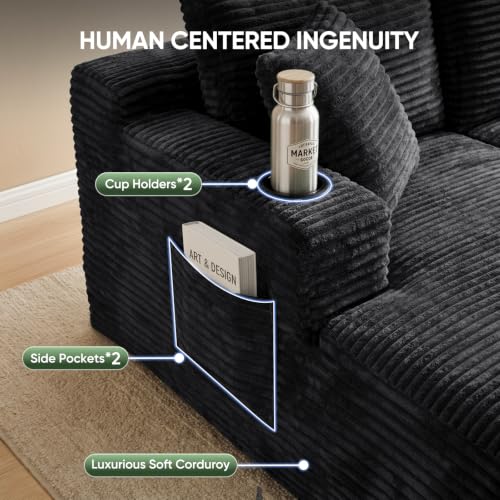 Image of Boneless Couch, 127 inch Sofas for Living Room, U Shaped Couch with Chaise | Cloud Couch Sectional with Cup Holders and Storage, Cloud Sofa with Deep Seat, Black, Corduroy, No Assembly