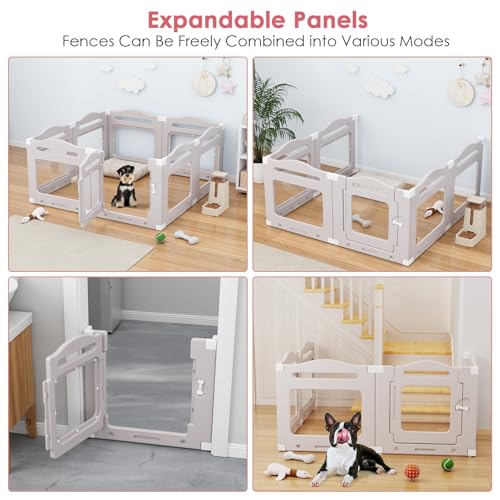 Clevich Welpenauslauf aus Acryl 60 cm hoch, 7 PCS +1 Laufstall Hund mit Tür, gitterloser Welpenlaufstall, Hundelaufstall für Wohnung, Saugnapf, Transparent, Indoor-Hundezwinger für Welpen, Warmgrau