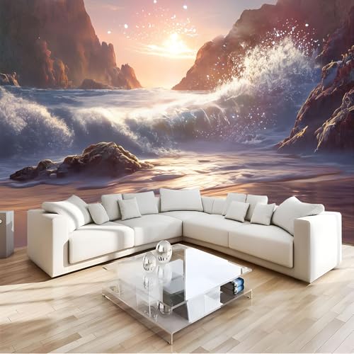 Papier peint vagues rochers 3D JEDTAKCT trompe l'oeil pour mur salon