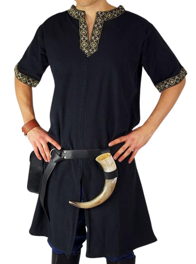 Leonardo Carbone® Short-Sleeve Tunic Richard - Medieval Clothing for Men, Medieval Shirt, Casual Short-Sleeve Shirts, Carnival Costume for Men, Viking Tunic, LARP Clothing - 100% Cotton Black S