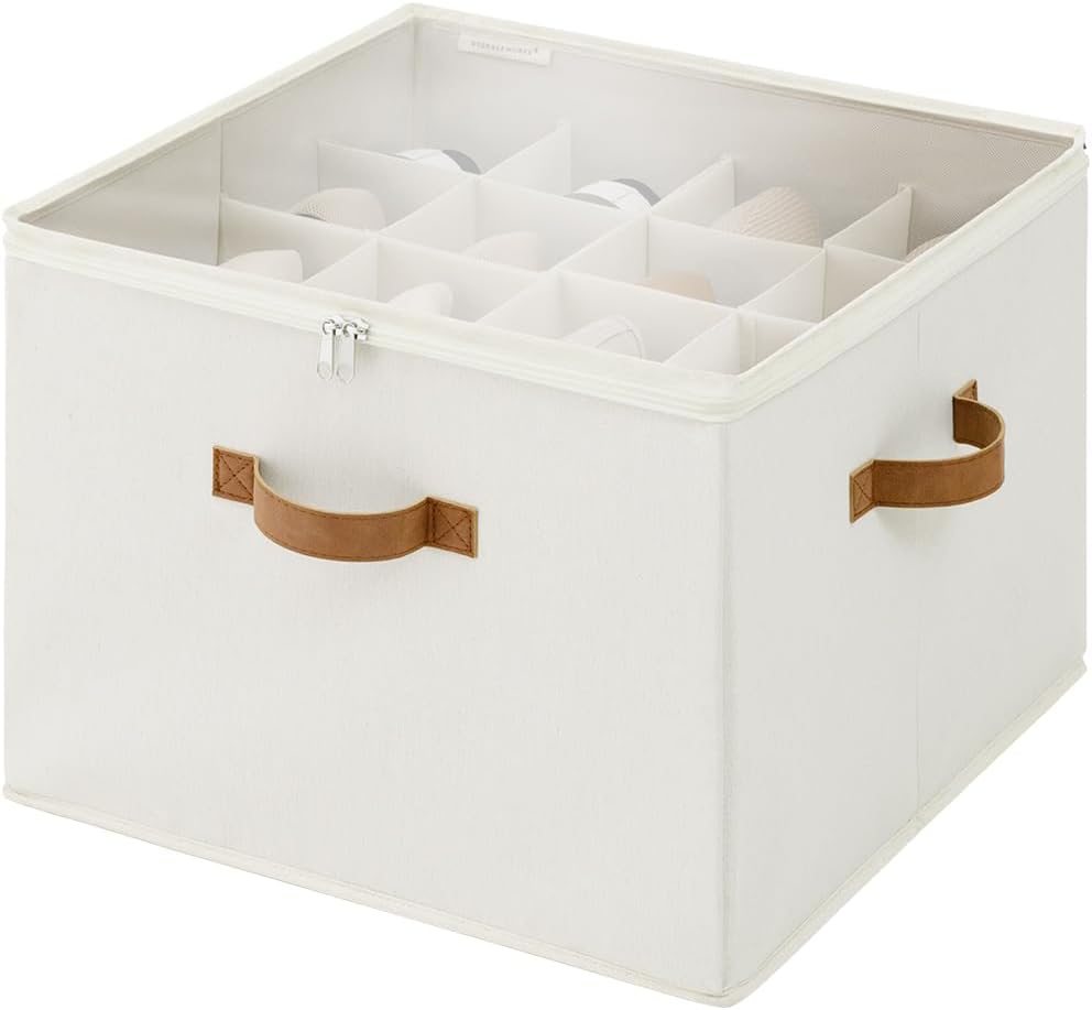StorageWorks Shoe Organizer for Closet Large Shoe Organizer Space Saving Holds up to 16 Pairs Fabric Shoe Boxes with Handle Sturdy Shoe Organizer for Ankle Boots Shoe Boxes Stackable Beige