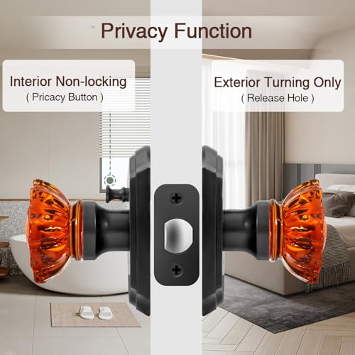 Crystal Door Knobs, Black Brown Glass Door Knobs Interior Rose Shape with Lock Privacy Function, Vintage Antique for Bedroom Bathroom