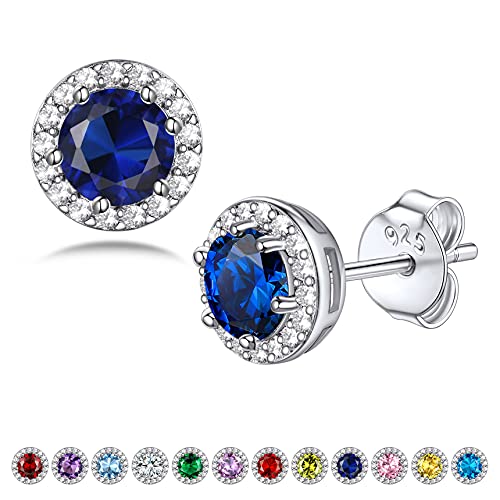 Bestyle Hypoallergenic Sterling Silver Stud Earrings for Women September Birthstone Sapphire Earrings with 5mm Round Blue Gemstone Studs Jewellery Gifts