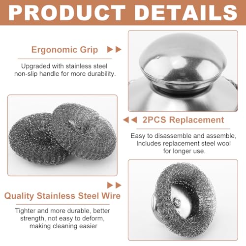 Image of 2pcs Steel Wool Scrubber with 2pcs Replacement Wire Pads Set, Metal Scrubber Pot Scrubbers Scouring Brush, Kitchen Cleaning Supplies for Dishes Stoves Barbecue Grills Wash Sink (Silver)