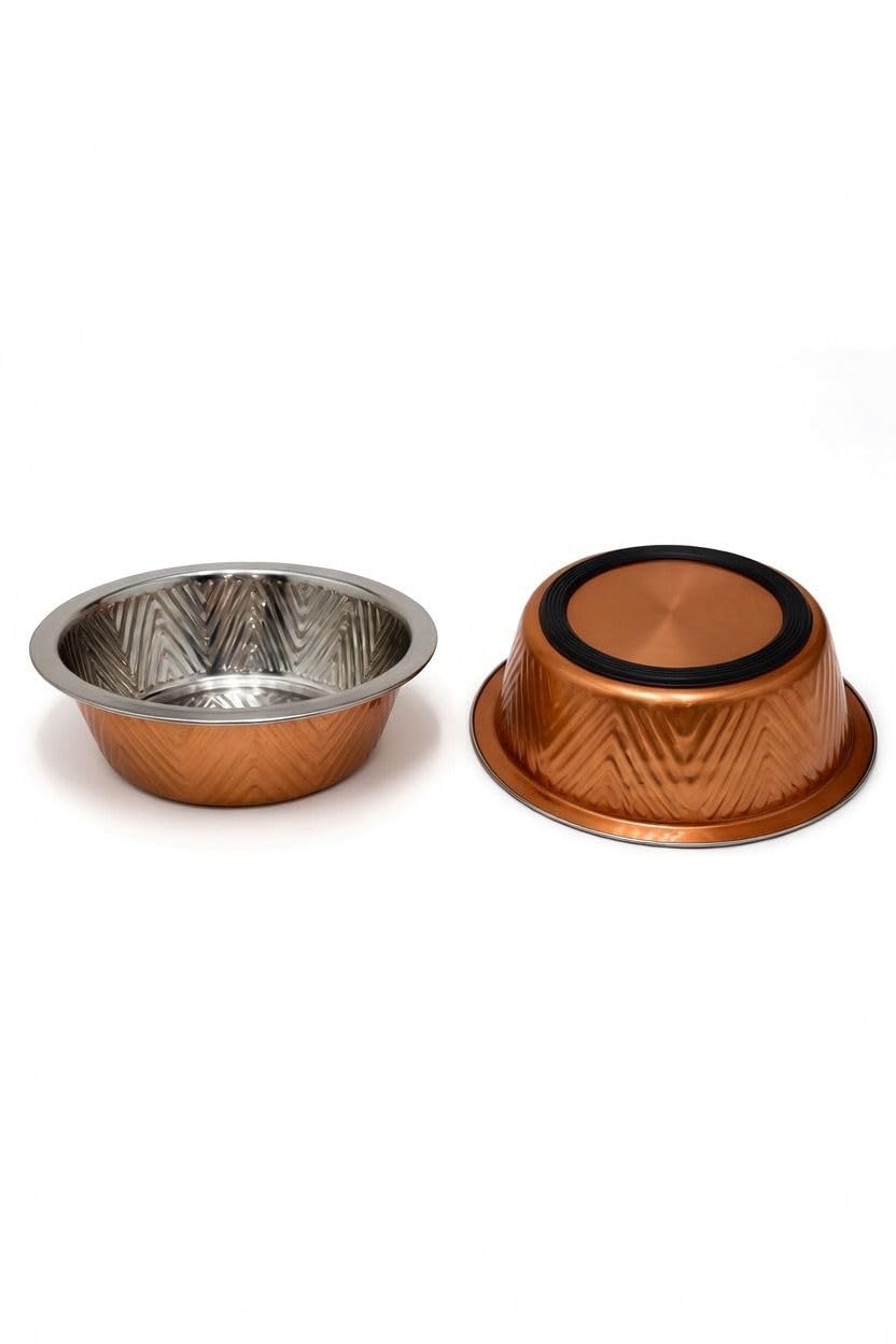 Premium Stainless Steel Dog Bowl, Embossed Chevron Design, Non-Slip Rubber Base, Available in 3 Sizes for Cats and Dogs (Copper)