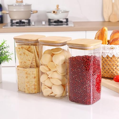Image of MARTVIA Glass Food Storage Jars With Bamboo Lids 1500Ml Set of 6,Wide Mouth Lid Jar For Home Kitchen,Flour,Sugar,Coffee,Pasta,Oats,Grains,Cookies,Snacks (Sqaure),Transparent