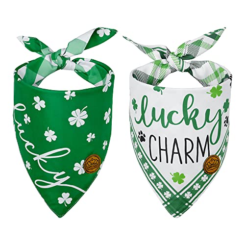 CROWNED BEAUTY St Patricks Day Dog Bandanas Large 2 Pack, Lucky Charm Set, Plaid Shamrocks Clovers Tartan Adjustable Triangle Holiday Reversible Green Scarves for Medium Large Extra Large Dogs Pets