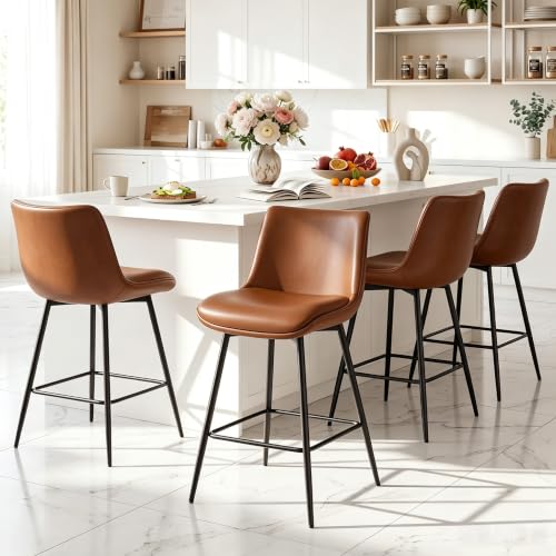 Image of Counter Height Bar Stools Set of 4, FSC Certified Upholstered Faux Leather Barstools with Back, Metal Base, 27 inch Seat Height, Modern Upholstered Counter Stools for Kitchen Island,Walnut Brown