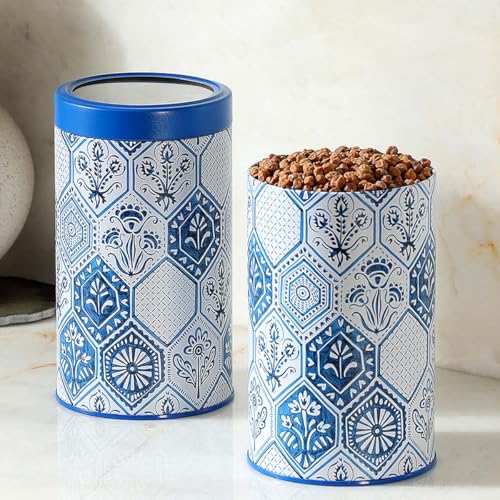 Image of Maroc Collection Airtight Kitchen Container Set|1400ML- Set of 2| Food Grade Metal Jars for Rice, Besan, Flour & Dry Food Storage| Vacuum Lid, Rust Resistant, Stylish Moroccan Blue Canisters
