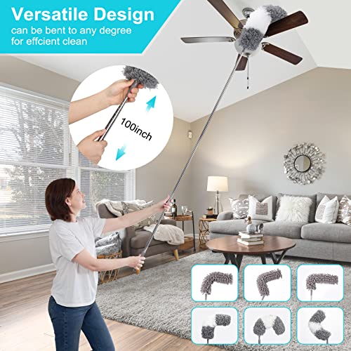 12Pcs Microfiber Dusters, Duster With Extension Pole(Stainless Steel) 30 To 100'', Washable Dusters, Bendable Extendable Long Feather Duster For Cleaning Fan, High Ceiling, Blinds, Furniture, Cars #TOP1