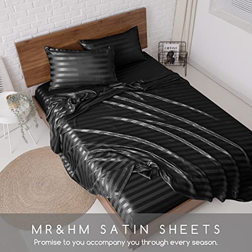 Image of MR&HM Satin Bed Sheets, Twin Size Sheets Set, 3 Pcs Silky Bedding Set with 15 Inches Deep Pocket for Mattress (Twin, Black Striped)