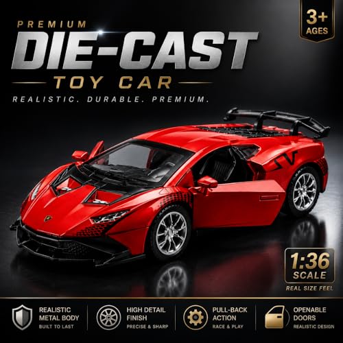 Image of Lamborghini 1:36 Scale Toy Car for Kids | Die-Cast Model Alloy Metal Pull Back Action Toy Vehicles | Openable Doors Light and Sound Toy Car for Boys, Multicolor (Color As Per Stock)