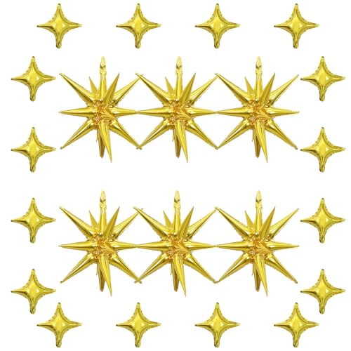 18 Pcs Gold Star Balloons,Gold Explosion Star Balloons,Spike Four Pointed Stars Foil Balloon,for Birthday Baby Shower, Bachelorette Party, Disco Party Decorations Supplies(10/22 Inch)