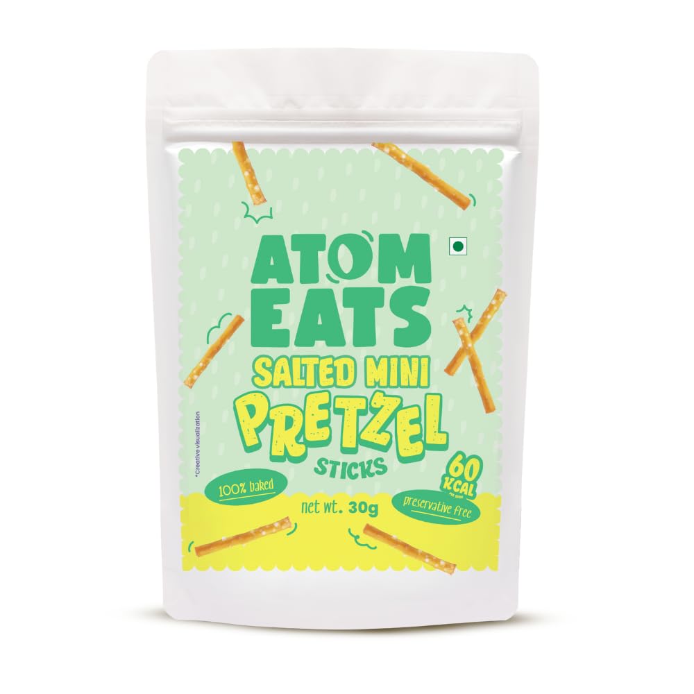 Atom Eats Salted Pretzel Mini Sticks 30g | Savory Snacks, Crunchy Namkeen - Perfect for Snack Box, Parties, On-the-Go and Delicious - Great Food Items for Dipping, Solo Snacking
