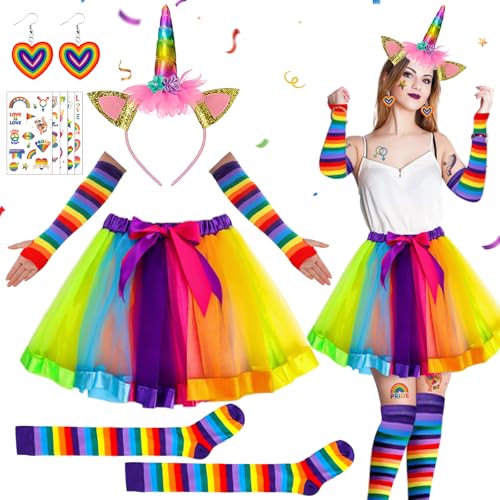 6er Regenbogen Kostüm Damen,Einhorn Kostüm Damen,Einhorn kostüm erwachsene,Tüllrock Regenbogen Dame,Horn Stirnband,Regenbogen Tutu Rock,Kniestrümpfe,Ohrringe,Tattoo-Aufklebe,Handschuhe,für Karneval