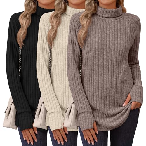 Ficerd 3 Pack Women's Turtleneck Long Sleeve Tunic Sweater Thumbhole, Ribbed Raglan Curved Hem Knit Shirts Loose Fall Winter