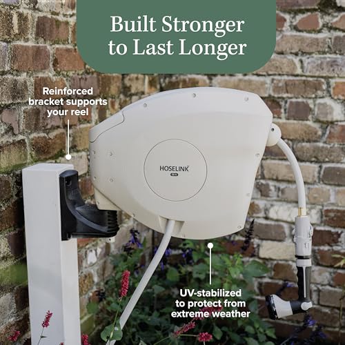 HOSELINK Beige 50ft Hi-Flow Automatic Retractable Garden Hose Reel, 9/16”, 8-Pattern Spray Nozzle, UV-Stabilized Kink-Free Hose, Wall Mounted Complete Watering Solution for Backyard, Garden & Outdoor