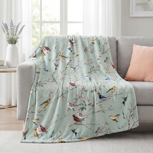 Horaldaily Spring Summer Flannel Blanket Throw, Birds Branch Green Floral Soft Fuzzy Plush Cozy Fleece Blankets for Couch Sofa Bed Lounging, Ideal Gifts for Kids Adults Self, 50x60