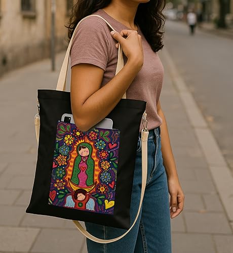 Image of ZORI Black Sling Tote Bag With Pocket and with Beige Straps, Tote Bags For Women large capacity,Tote bag For Shopping, College, Travel, More Canvas Handbag For Unisex