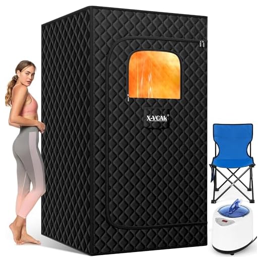 X-Vcak Portable Steam Sauna, Portable Sauna for Home, Sauna Tent Sauna Box with 2.6L Steamer, Remote Control, Folding Chair, 9 Levels, Black, 2.6’ x 2.6’ x 5.9’
