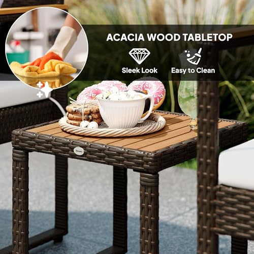 Outsunny 3 Pieces Wicker Patio Furniture Set, Rattan Bistro Set w/ 2 Patio Chairs, Acacia Wood Table & Removable Cushions, Patio Conversation Set for Porch, Balcony, White - Image 6