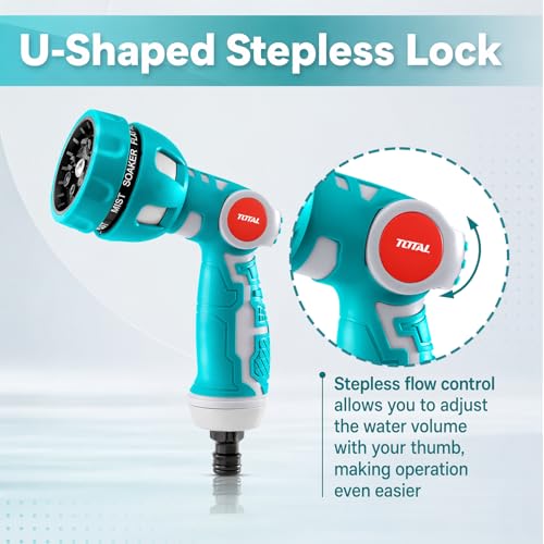 Image of TOTAL 9 Pattern Water Spray Gun Nozzle for Garden Hose with 3 /4 Inch Connector, Heavy Duty Zinc Alloy Water Gun with Rubber Grip & U-Shaped Lock for Car Wash, Gardening & Cleaning