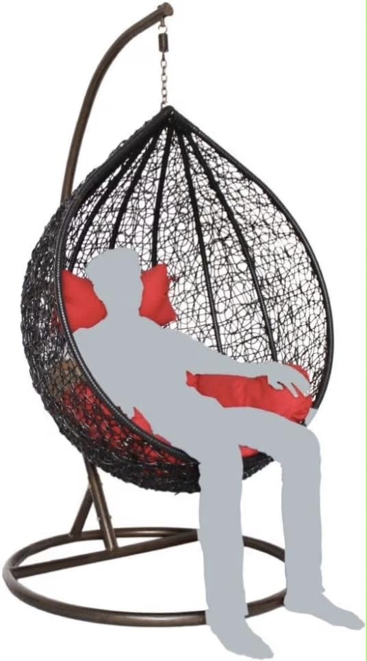 Image of Single Seater Swing Chair with Stand & Cushion Outdoor Indoor Balcony Garden Patio, Powder Coated Frame, UV-Protected Wicker, Premium Cushion, Swing Chair (Black::RED)
