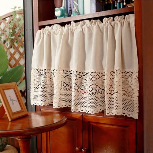 田舎風 カフェカーテン かぎ針編み 目隠し 短いカーテン 小窓用 半遮光 喫茶店 間仕切りカーテン 透けない キッチン ショートカーテン 綿麻 洗面所 喫茶店 店舗飾り洗える 1枚入り 幅100cmx丈90cm ベージュ