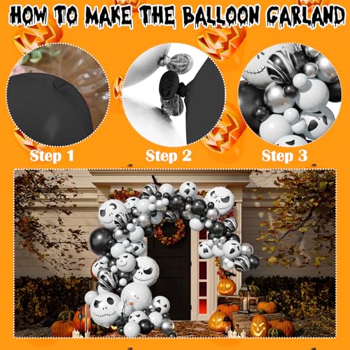 Halloween Balloon Arch Garland Kit with Skull Foil Balloons, 108 pcs Black Agate Marble White Metallic Silver Latex Balloons with Ghost Face Print Balloon for Kids Halloween Party Decorations Supplies - Image 3