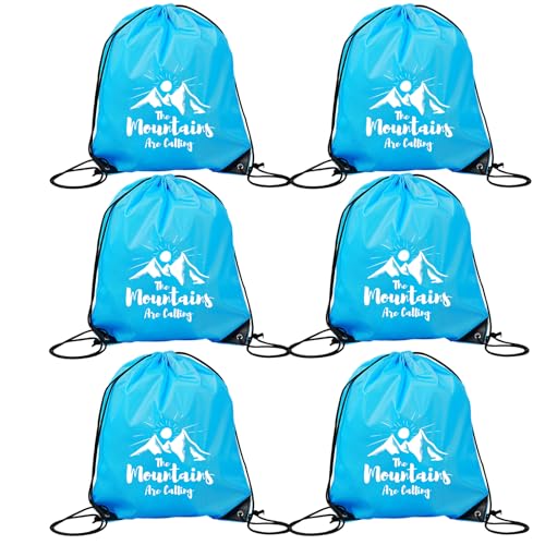 6 Pack Thickened Material Drawstring Bags for Hiking, “The Mountains Are Calling” Printed, Lightweight Nylon Gym Sackpacks, Portable Sports Backpacks for Travel, Blue drawstring backpack