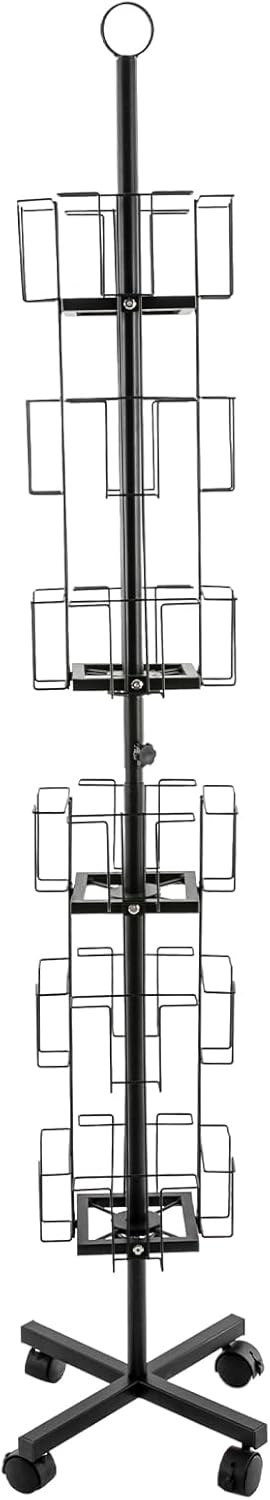 PERFERATE Greeting Cards Display Stand 24 Pocket Rotating Greeting Card Display Rack with 4 Lockable Wheels Metal Post Card Holder Post Card Storage for Christmas, Office, Shop (Black, 1 Pack)