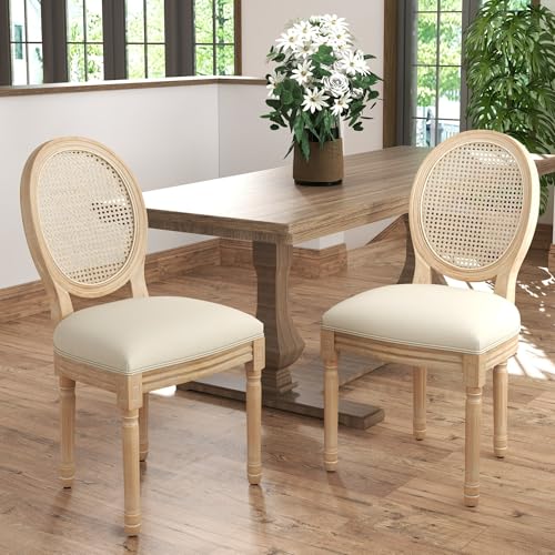 civama Dining Chairs Set of 2 French Vintage Mid Century Upholstered Farmhouse Fabric Chair with Rattan Round Backrest and Solid Rubberwood Leg for Dining Room Bedroom Kitchen Restaurant Beige