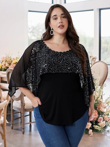 Sequins Plus Size Tops for Women Elegant Shirt Lace Half Sleeve Tunic Gowns Evening Cocktail Blouse2