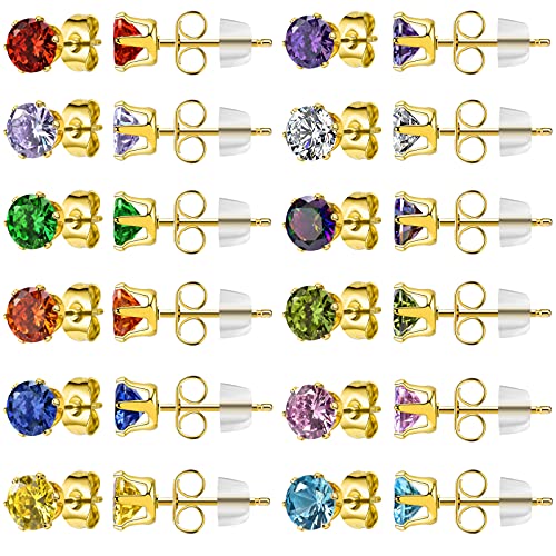 Tiyamila Gold Plated Birthstone Stud Earrings 316L Stainless Steel Cz Stud Earrings For Women, Coloful Round Cubic Zirconia Stud Earrings, Cz Earrings Set 4Mm, 5Mm, 6Mm, 7Mm With Gift Box - 4Mm #TOP25