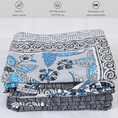 Image of Jaipur Weaves Jaipuri Double Bed Cotton Bedsheet Queen Size 90x85, 120 TC 100% Pure Cotton Bed Sheet with 2 Pillow Covers, Floral Traditional Print (Aqua, Double)