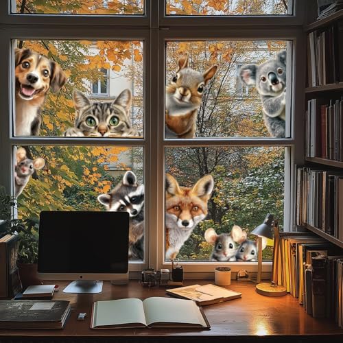ANATTASOUL Fensterbilder Doppelseitig Eichhörnchen, Hund und Katze Fensterdeko Wiederverwendbar Fenstersticker Blickdichter Fenster Aufkleber Deko Frühling Sommer für Kinderzimmer Badezimmer